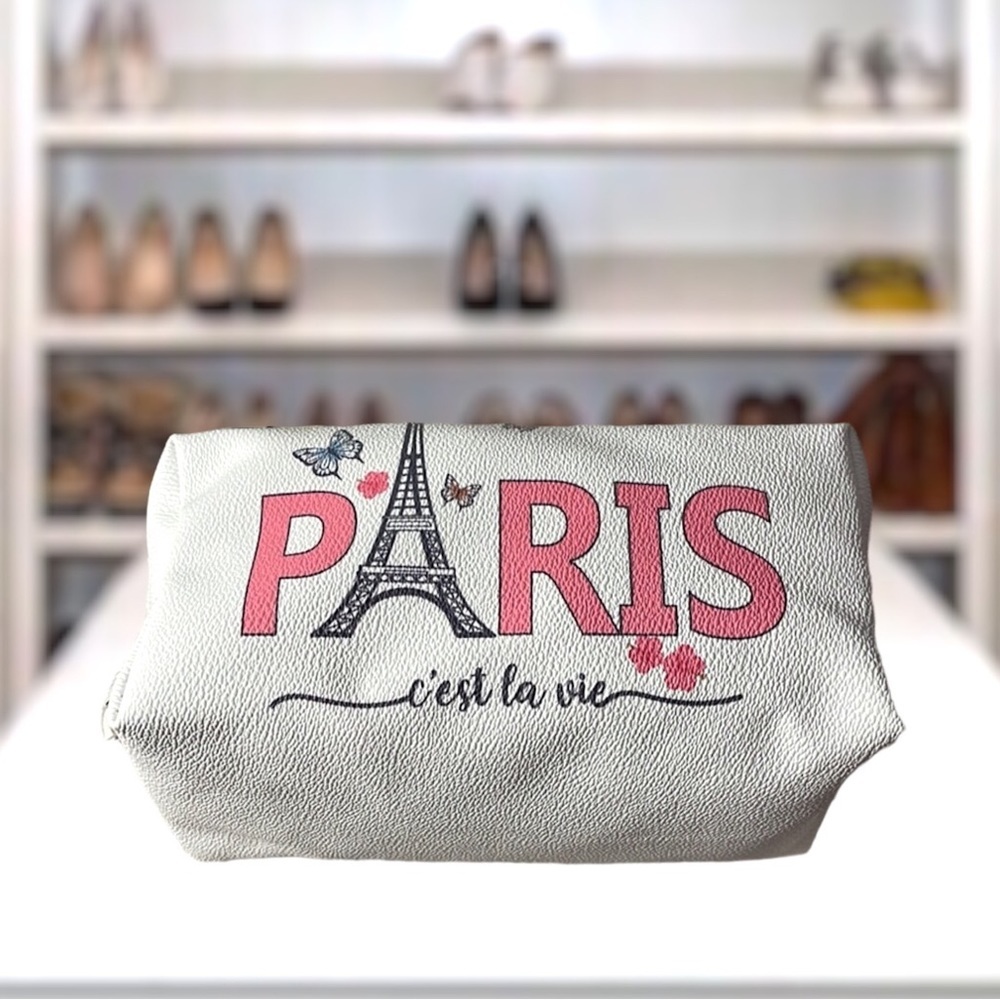 New Paris Blush Crush Cosmetic White Pink and Gray Bag